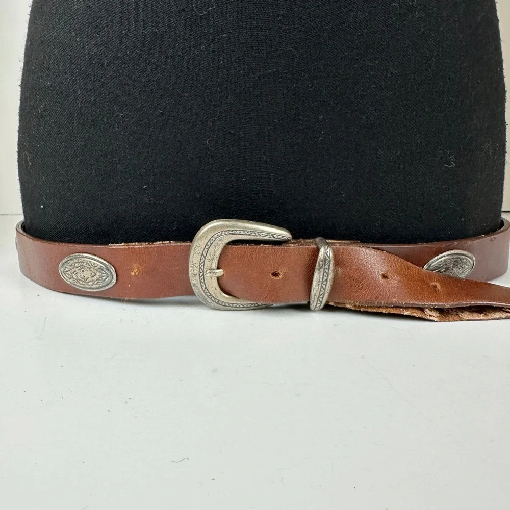 Vintage Western Brown Leather Concho Belt Silver Tone Engraved Buckle Size XL *